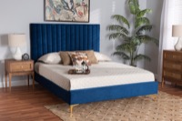 Baxton Studio Serrano Contemporary Glam and Luxe Navy Blue Velvet Fabric Upholstered and Gold Metal King Size Platform Bed