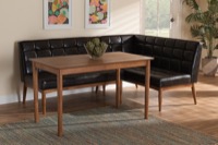 Baxton Studio Sanford Mid-Century Modern Dark Brown Faux Leather Upholstered and Walnut Brown Finished Wood 3-Piece Dining Nook Set