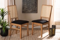 Baxton Studio Idris Mid-Century Modern Black Fabric Upholstered and Oak brown Finished 2-Piece Rattan Dining Chair Set