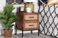 Baxton Studio Paxley Mid-Century Modern Industrial Walnut Brown Finished Wood and Beige Fabric 2-Drawer End Table