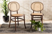 Baxton Studio Garold Mid-Century Modern Brown Woven Rattan and Walnut Brown Wood 2-Piece Cane Dining Chair Set