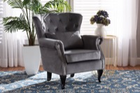 Baxton Studio Fletcher Classic and Traditional Grey Velvet Fabric Upholstered and Dark Brown Finished Wood Armchair