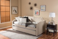 Baxton Studio Parkson Modern and Contemporary Beige Linen Fabric Curved Notched Corners Sofa Twin Daybed with Roll-Out Trundle Guest Bed