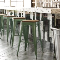 Kai - Modern Commercial Backless Bar Stool & Poly Resin Seat - Teak Seat/Green Frame