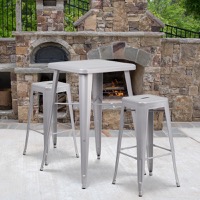 Stone - Contemporary Style Bar Table and Stack Stool Set - Silver