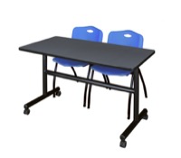 Kobe 48" Flip Top Mobile Training Table - Grey & 2 'M' Stack Chairs - Blue