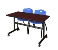 Kobe 48" Flip Top Mobile Training Table - Mahogany & 2 'M' Stack Chairs - Blue