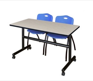 Kobe 48" Flip Top Mobile Training Table - Maple & 2 'M' Stack Chairs - Blue