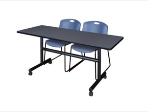 Kobe 60" Flip Top Mobile Training Table - Grey & 2 Zeng Stack Chairs - Blue