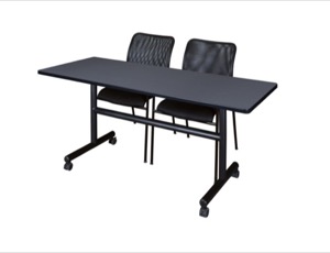 Kobe 60" Flip Top Mobile Training Table - Grey & 2 Mario Stack Chairs - Black