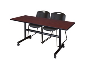 Kobe 60" Flip Top Mobile Training Table - Mahogany & 2 Zeng Stack Chairs - Black