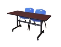 Kobe 60" Flip Top Mobile Training Table - Mahogany & 2 'M' Stack Chairs - Blue