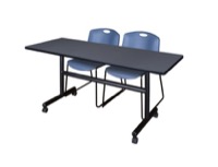 60" x 30" Flip Top Mobile Training Table - Grey and 2 Zeng Stack Chairs - Blue