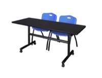 60" x 30" Flip Top Mobile Training Table - Mocha Walnut and 2 "M" Stack Chairs - Blue