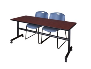 Kobe 72" Flip Top Mobile Training Table - Mahogany & 2 Zeng Stack Chairs - Blue