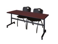 Kobe 72" Flip Top Mobile Training Table - Mahogany & 2 'M' Stack Chairs - Black