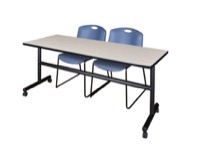 Kobe 72" Flip Top Mobile Training Table - Maple & 2 Zeng Stack Chairs - Blue