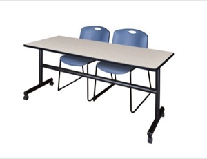 Kobe 72" Flip Top Mobile Training Table - Maple & 2 Zeng Stack Chairs - Blue