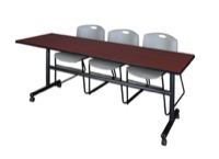 Kobe 84" Flip Top Mobile Training Table - Mahogany & 3 Zeng Stack Chairs - Grey