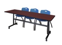 Kobe 84" Flip Top Mobile Training Table - Mahogany & 3 'M' Stack Chairs - Blue