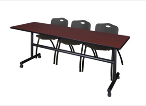 Kobe 84" Flip Top Mobile Training Table - Mahogany & 3 'M' Stack Chairs - Black