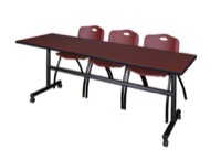 Kobe 84" Flip Top Mobile Training Table - Mahogany & 3 'M' Stack Chairs - Burgundy