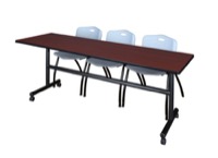 Kobe 84" Flip Top Mobile Training Table - Mahogany & 3 'M' Stack Chairs - Grey