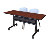 60" x 24" Flip Top Mobile Training Table with Modesty Panel - Cherry and 2 "M" Stack Chairs - Grey