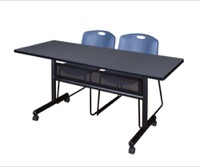 60" x 24" Flip Top Mobile Training Table with Modesty Panel - Grey and 2 Zeng Stack Chairs - Blue