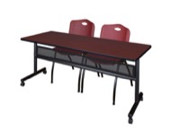 72" x 24" Flip Top Mobile Training Table with Modesty Panel - Mahogany and 2 "M" Stack Chairs - Burgundy