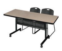 72" x 30" Flip Top Mobile Training Table with Modesty Panel - Beige and 2 Zeng Stack Chairs - Black