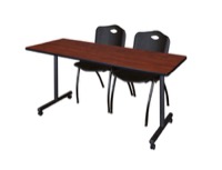 60" x 24" Kobe T-Base Mobile Training Table - Cherry & 2 'M' Stack Chairs - Black