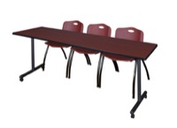 84" x 24" Kobe T-Base Mobile Training Table - Mahogany & 3 'M' Stack Chairs - Burgundy