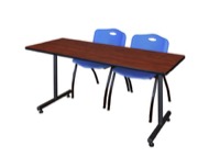 60" x 24" Kobe Training Table - Cherry & 2 'M' Stack Chairs - Blue