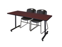 60" x 24" Kobe Training Table - Mahogany & 2 Zeng Stack Chairs - Black