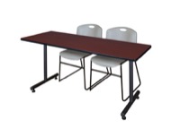 60" x 24" Kobe Training Table - Mahogany & 2 Zeng Stack Chairs - Grey