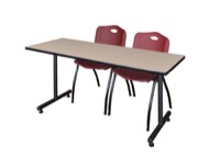 66" x 24" Kobe Training Table - Beige & 2 'M' Stack Chairs - Burgundy