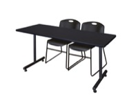 66" x 24" Kobe Training Table - Mocha Walnut & 2 Zeng Stack Chairs - Black