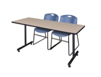 66" x 30" Kobe Training Table - Beige and 2 Zeng Stack Chairs - Blue