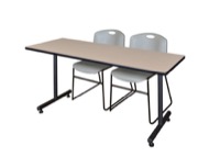 66" x 30" Kobe Training Table - Beige and 2 Zeng Stack Chairs - Grey