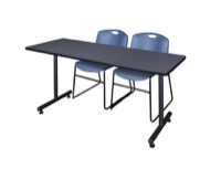 72" x 24" Kobe Training Table - Grey & 2 Zeng Stack Chairs - Blue