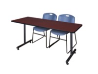 72" x 30" Kobe Training Table - Mahogany and 2 Zeng Stack Chairs - Blue