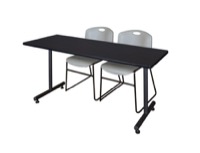 72" x 30" Kobe Training Table - Mocha Walnut and 2 Zeng Stack Chairs - Grey