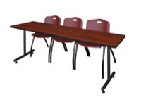 84" x 24" Kobe Training Table - Cherry & 3 'M' Stack Chairs - Burgundy