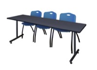 84" x 24" Kobe Training Table - Grey & 3 'M' Stack Chairs - Blue