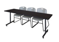 84" x 24" Kobe Training Table - Mocha Walnut & 3 Zeng Stack Chairs - Grey