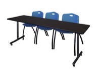 84" x 24" Kobe Training Table - Mocha Walnut & 3 'M' Stack Chairs - Blue