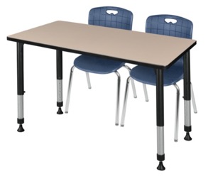 Kee 48" x 24" Height Adjustable Classroom Table  - Beige & 2 Andy 18-in Stack Chairs - Navy Blue 