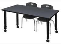 Kee 48" x 24" Height Adjustable Mobile Classroom Table  - Grey & 2 Andy 12-in Stack Chairs - Black