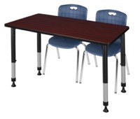 Kee 48" x 24" Height Adjustable Classroom Table  - Mahogany & 2 Andy 18-in Stack Chairs - Navy Blue